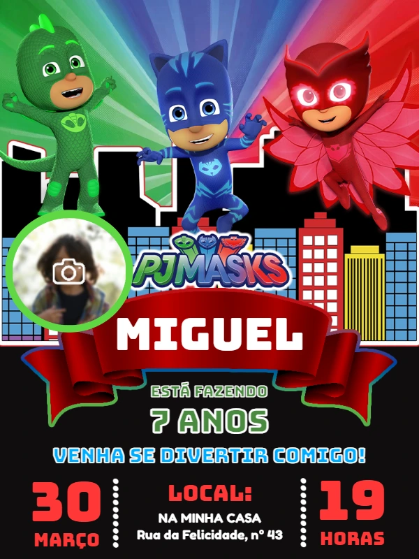 Convite Aniversário PJ Masks com Foto para Editar Online