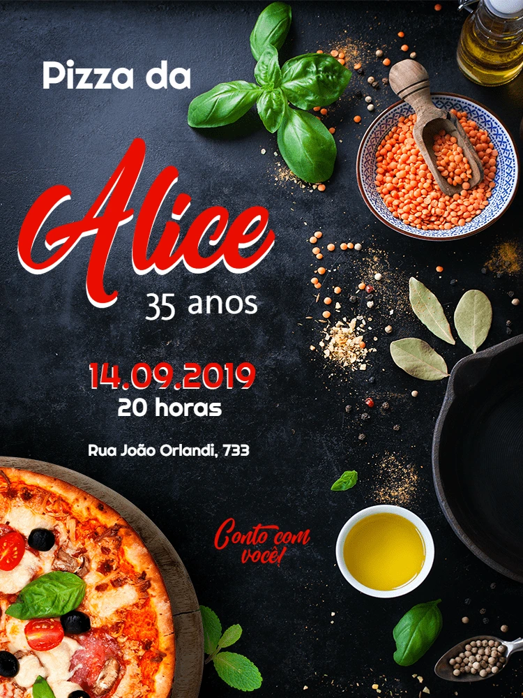 Convite de Aniversário Tema Pizza para Editar Online e Imprimir