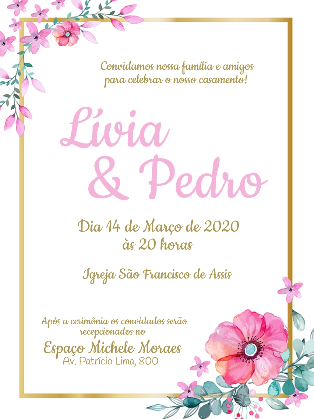 Convite de Casamento Floral Rosa e Dourado para Editar Online