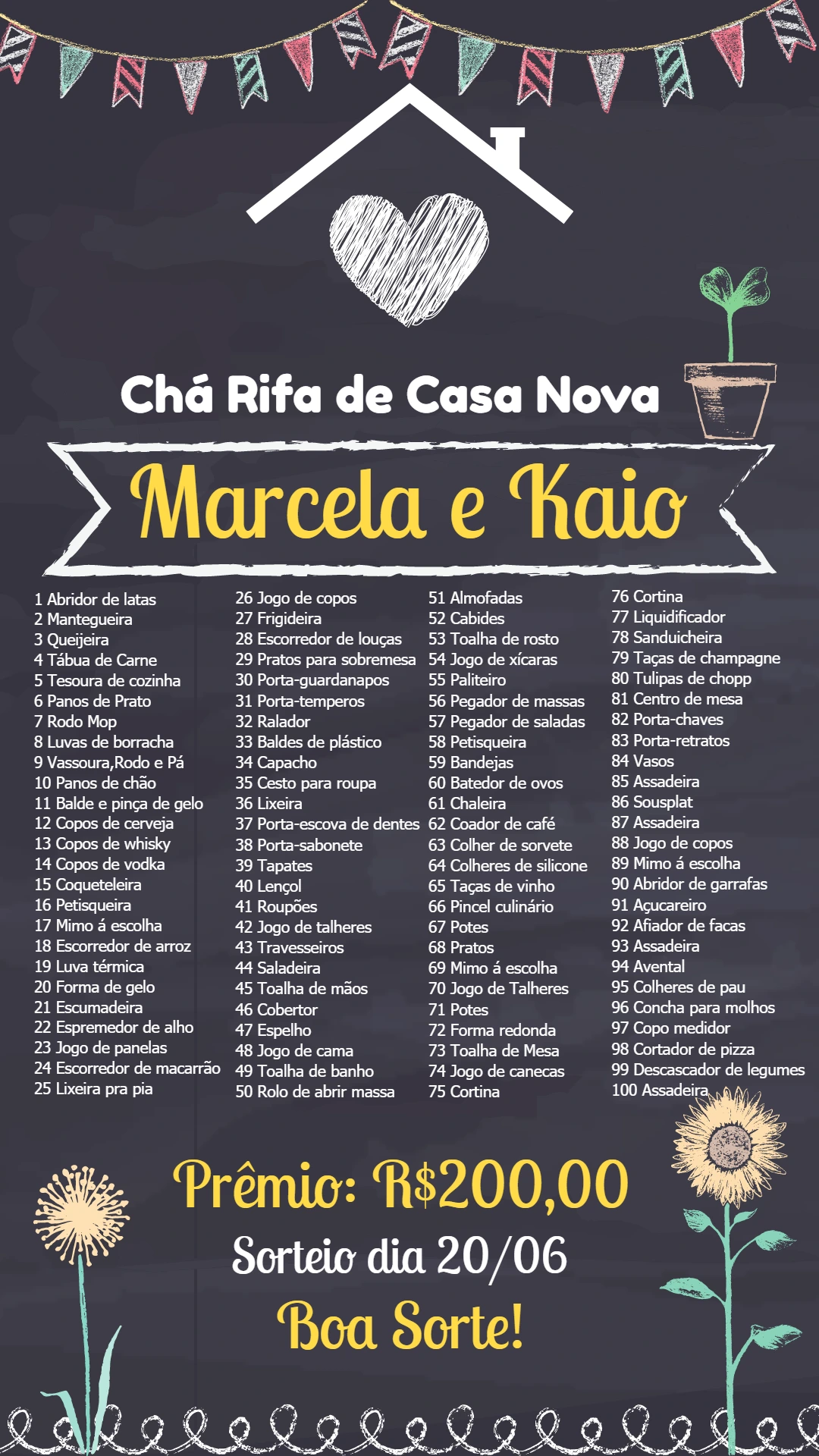 Convite Chá Rifa de Casa Nova Quadro Negro para Editar Online