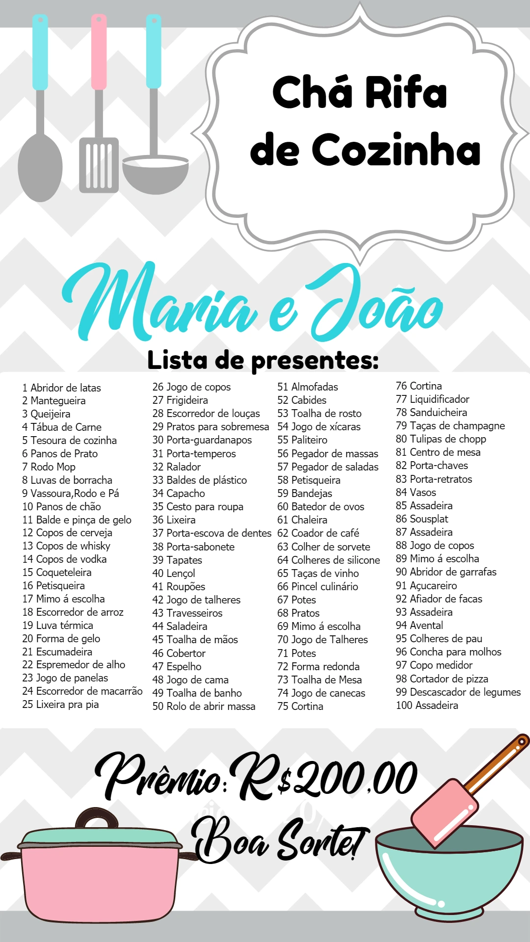 Chá Rifa de Cozinha com Lista de Presentes para Editar Online