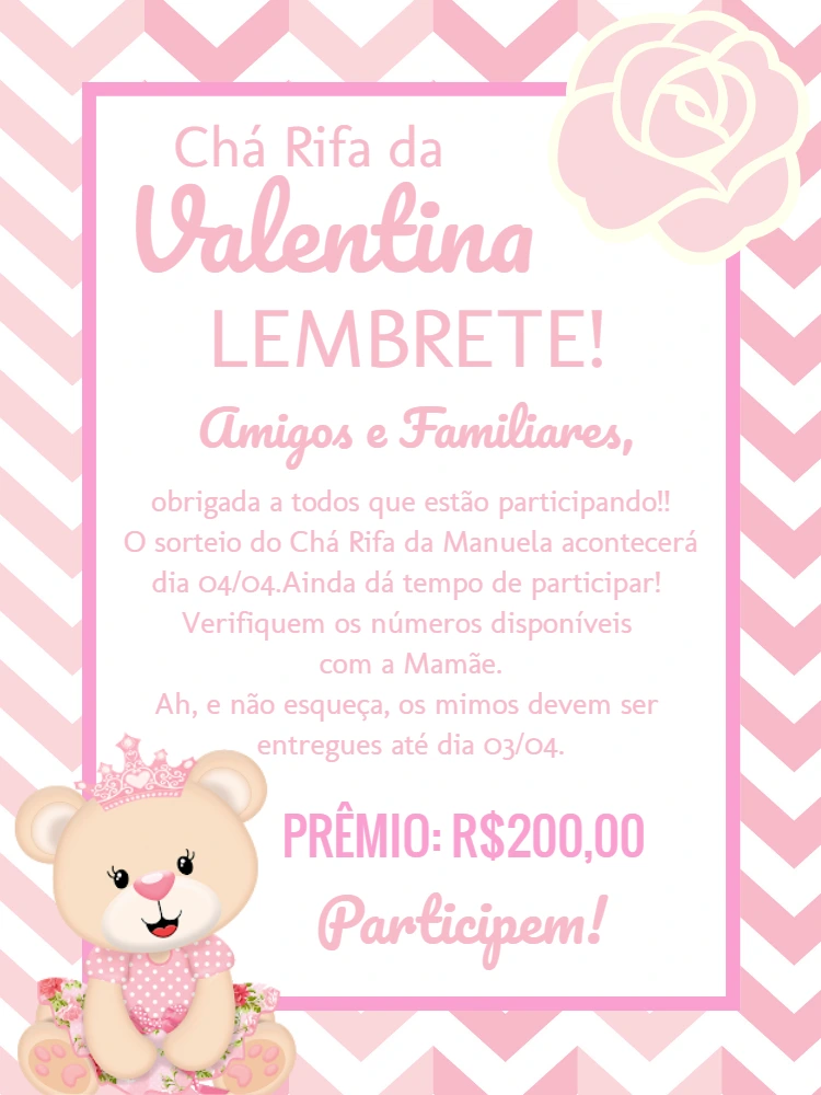 Convite Chá Rifa Ursinha Princesa para Editar Online