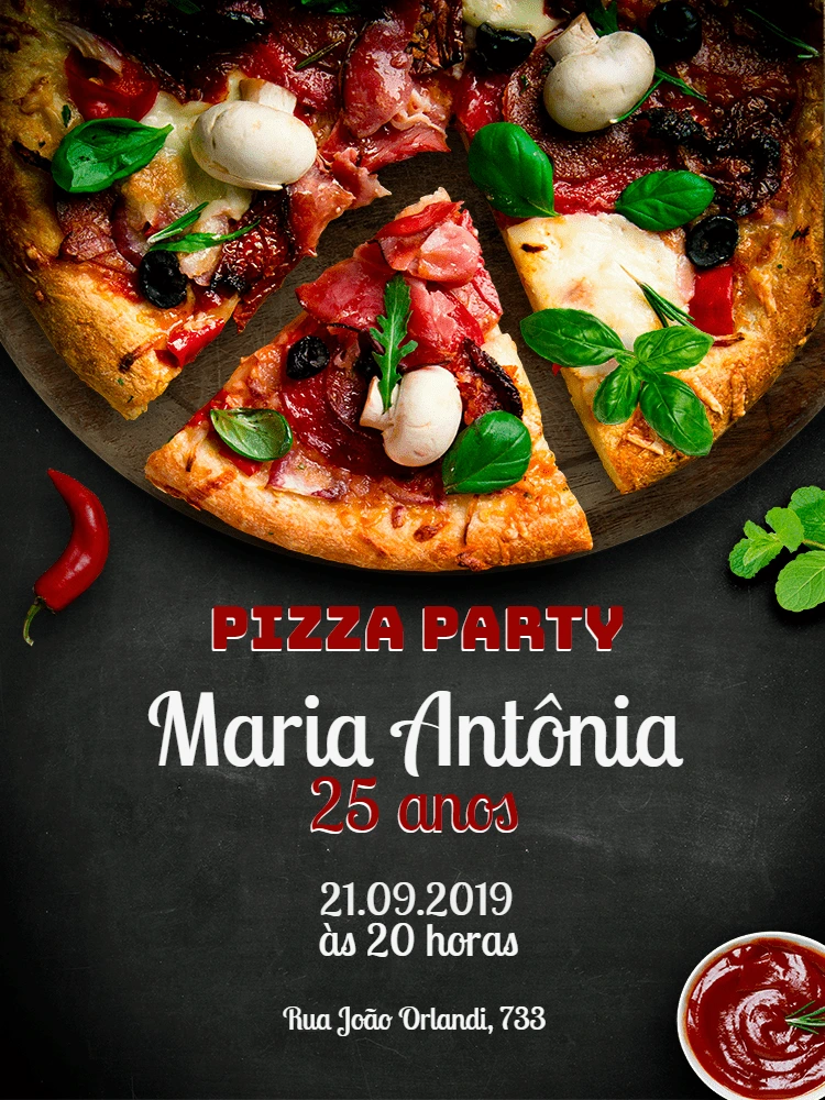 Convite de Aniversário Tema Pizza para Editar Online
