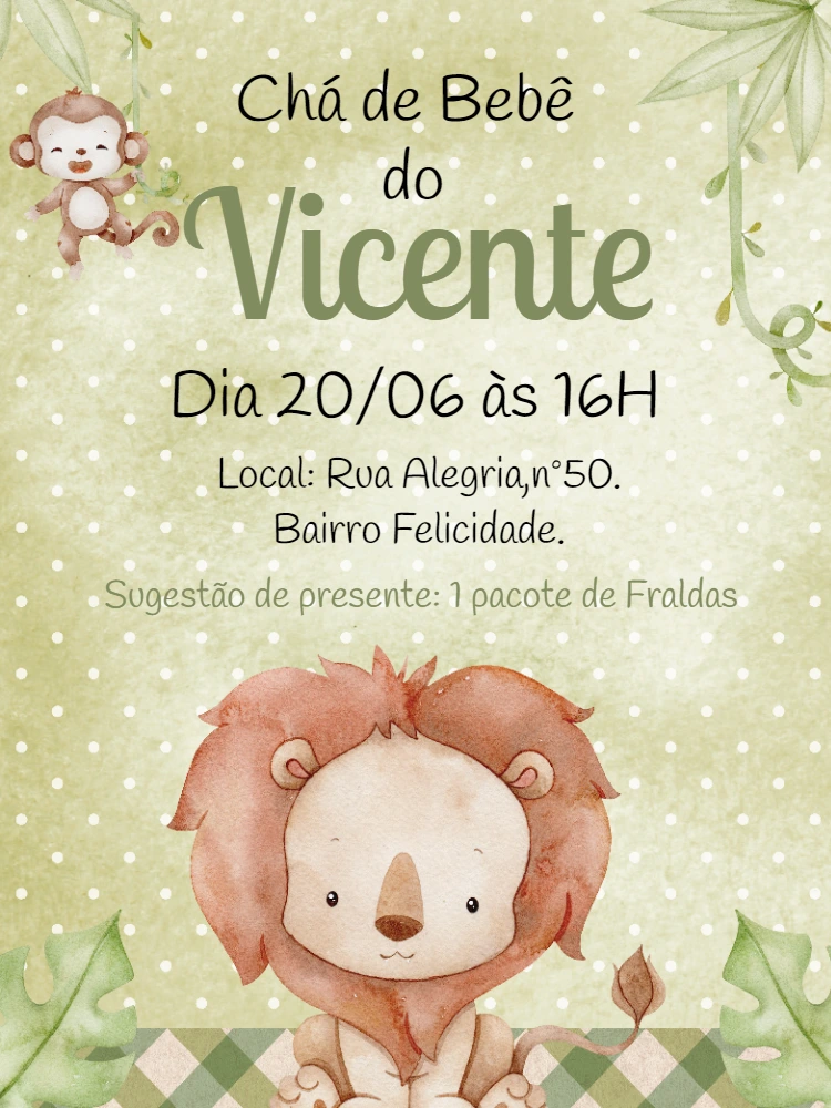Convite Chá de Bebê Leãozinho Safari para Editar Online
