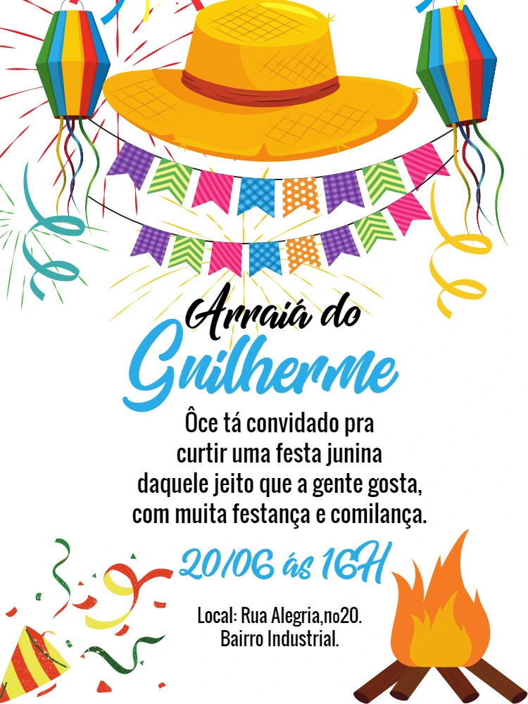 Convite de Aniversário Arraiá com Chapéu de Palha para Editar