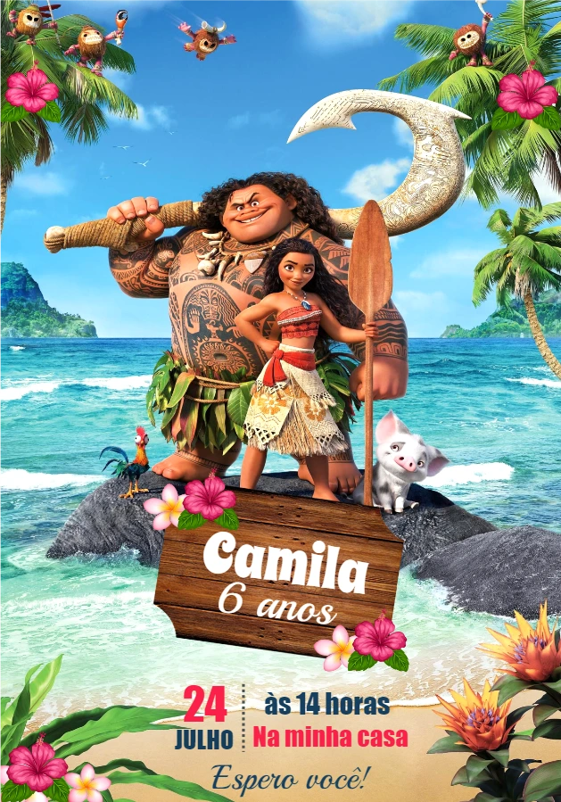 Convite de Aniversário Moana com Personagens para Editar Online