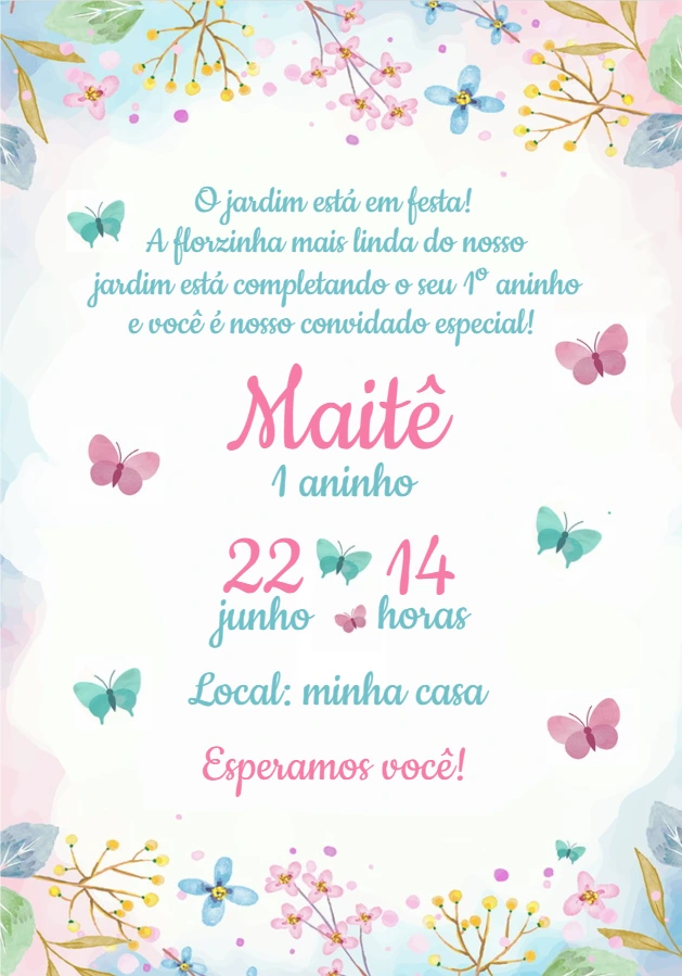 Convite de Aniversário Jardim das Borboletas Editável Online