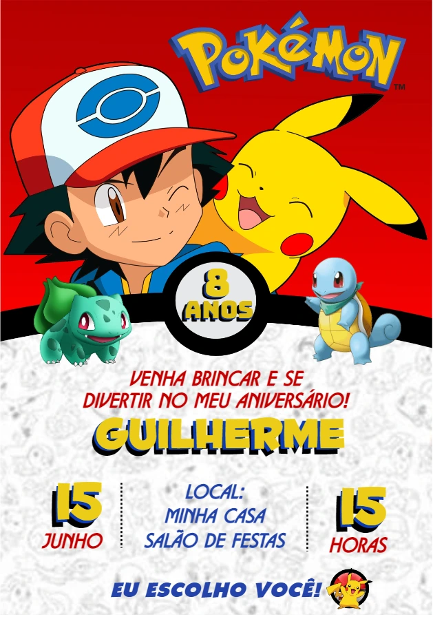 Convite de Aniversário Pokémon com Ash e Pikachu para Editar