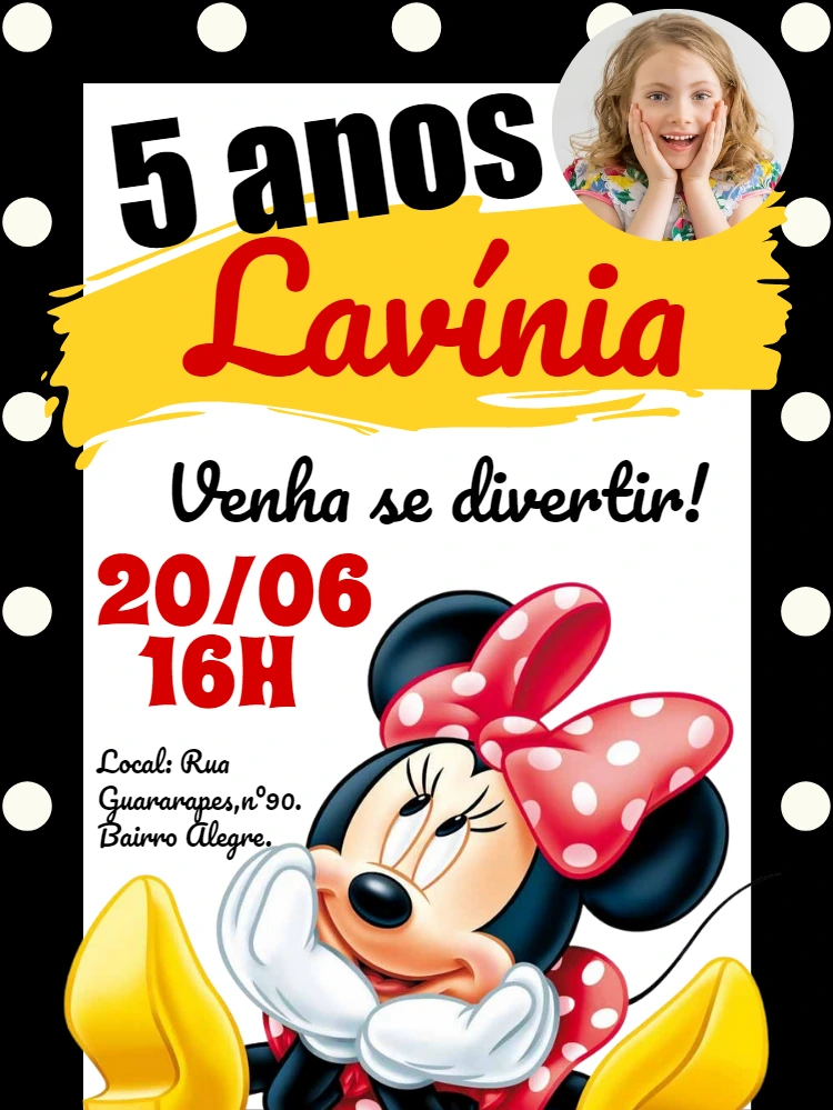 Convite de Aniversário Minnie Mouse com Foto para Editar