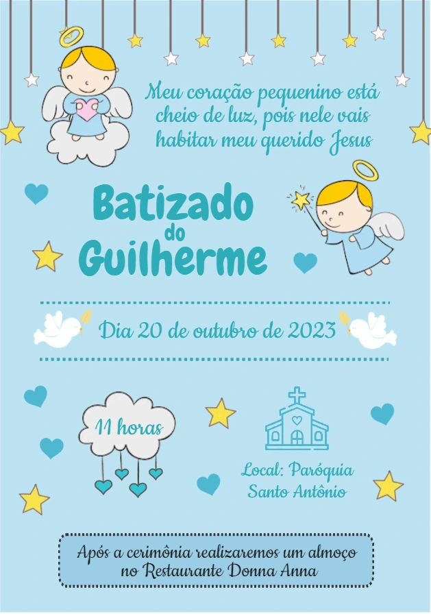 Convite de Batizado Menino Anjinho para Editar Online