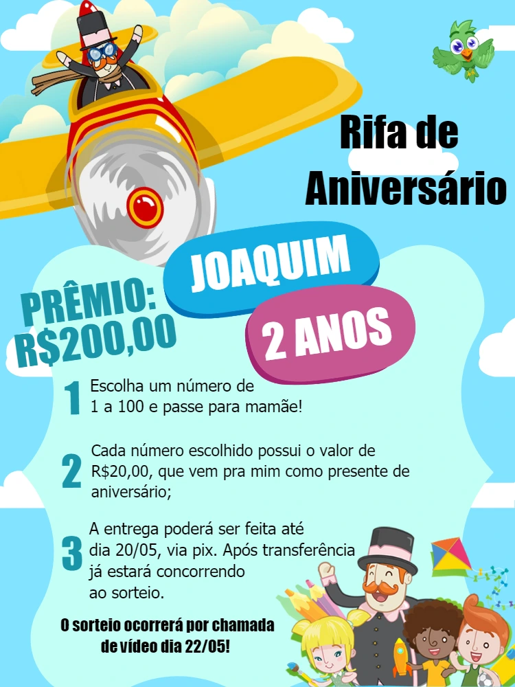 Rifa de Aniversário Mundo Bita com Aviador para Editar Online