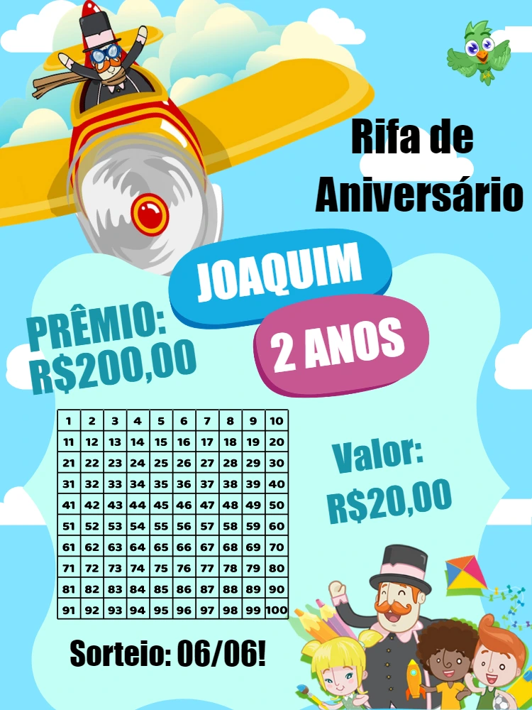 Rifa de Aniversário Mundo Bita com Personagens para Editar Online