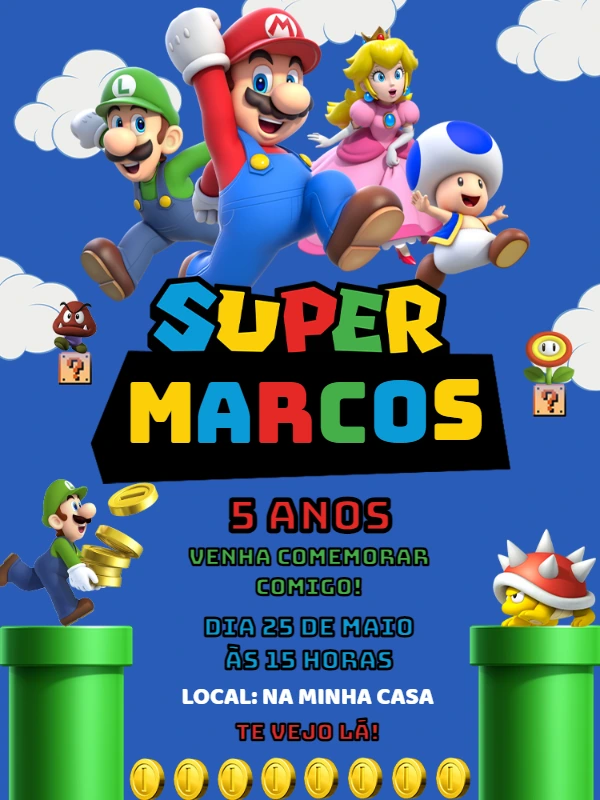 Convite Super Mario Bros: Festa de Aniversário para Editar