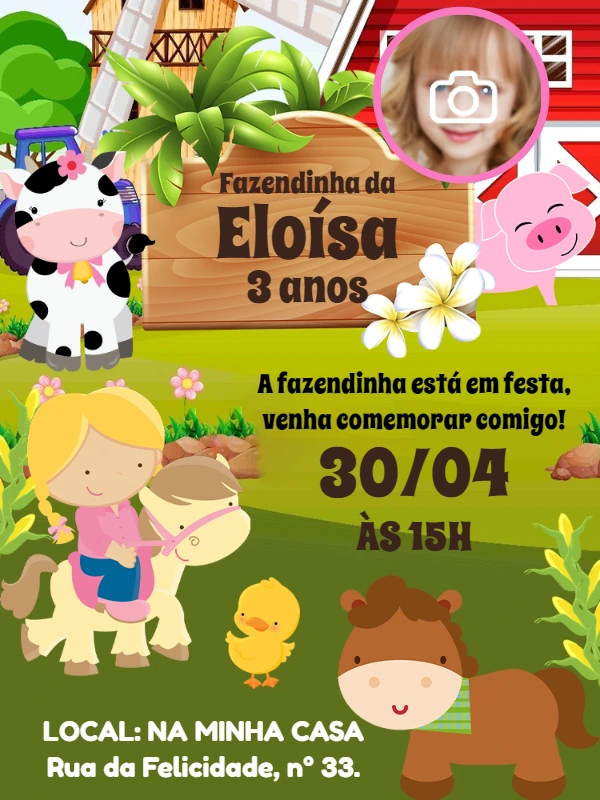 Convite Aniversário Fazendinha com Foto para Editar Online