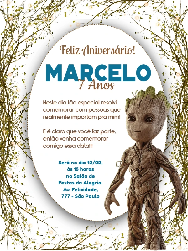 Convite de Aniversário Groot Editável Online para Imprimir