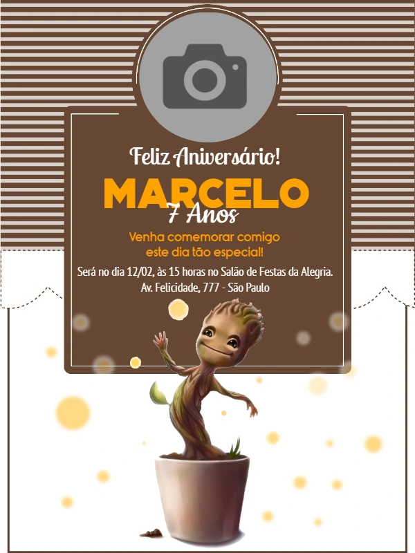 Convite de Aniversário Groot com Foto para Editar Online