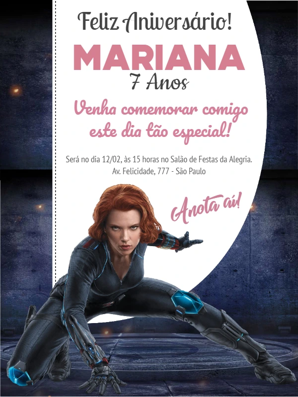 Convite Aniversário Viúva Negra para Editar Online