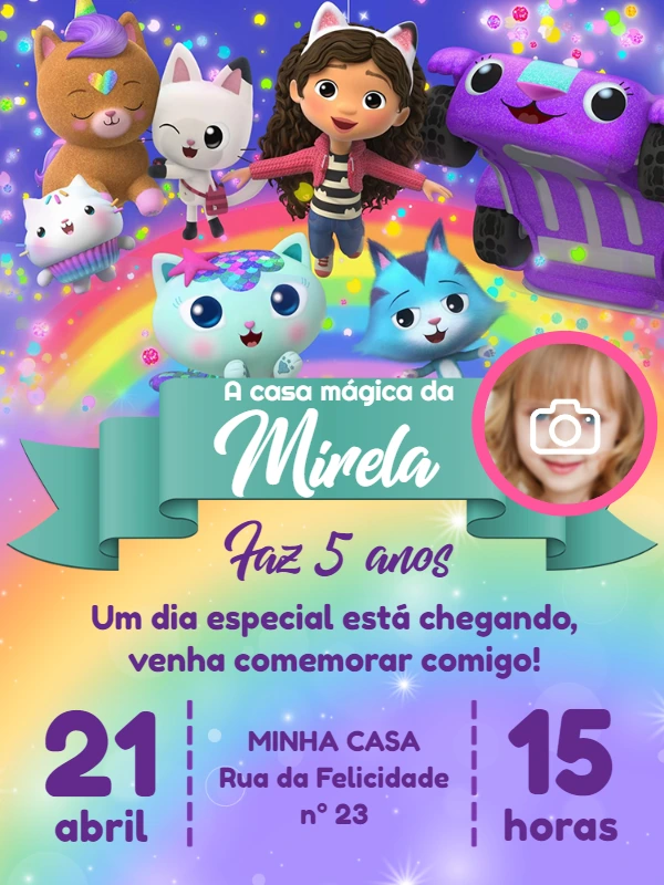 Convite Aniversário A Casa Mágica da Gabby com Foto para Editar