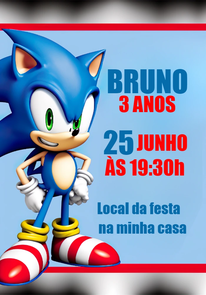 Convite de Aniversário Sonic Editável para Imprimir