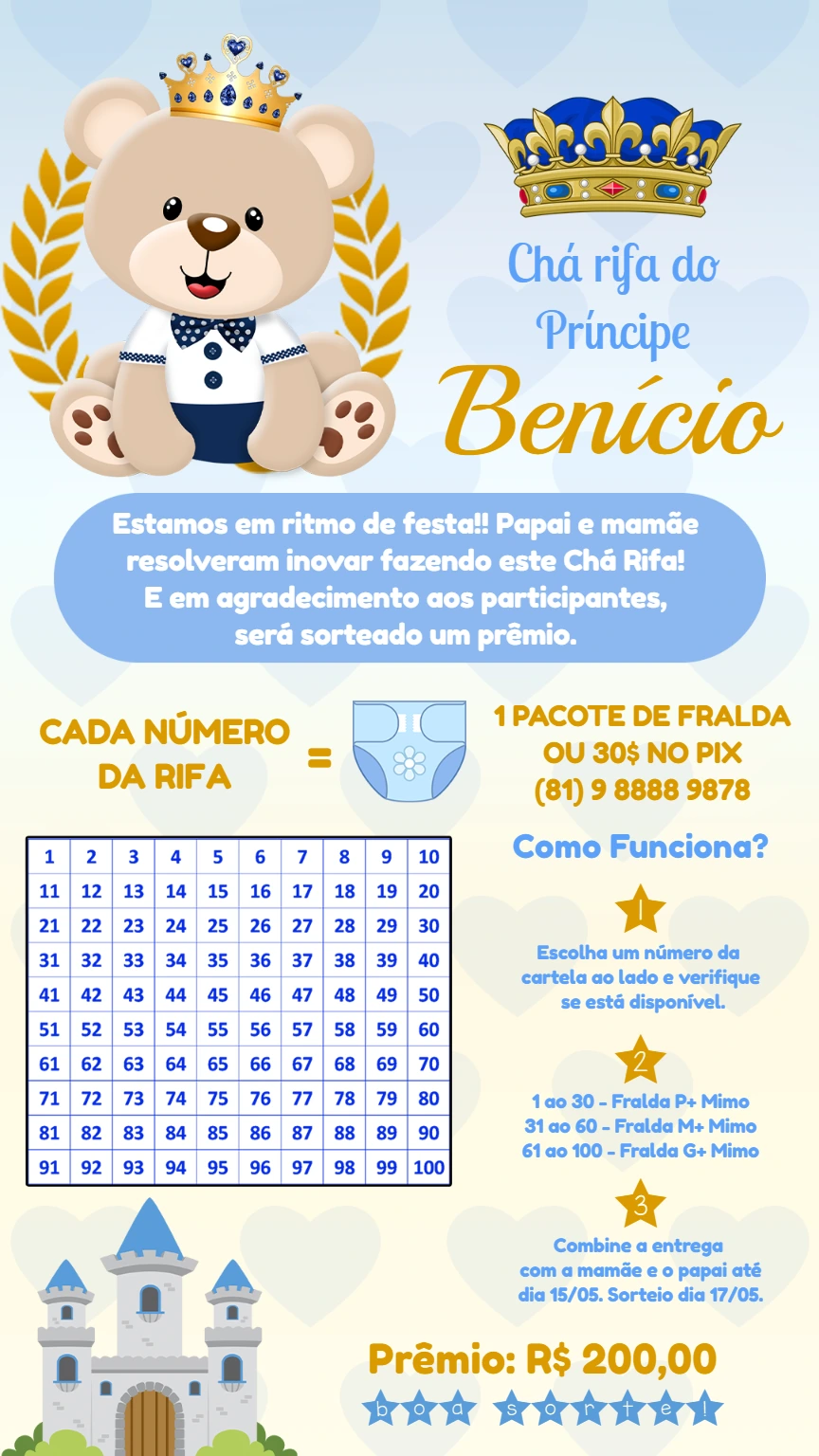 Chá Rifa Ursinho Príncipe: Convite Editável para Chá de Bebê