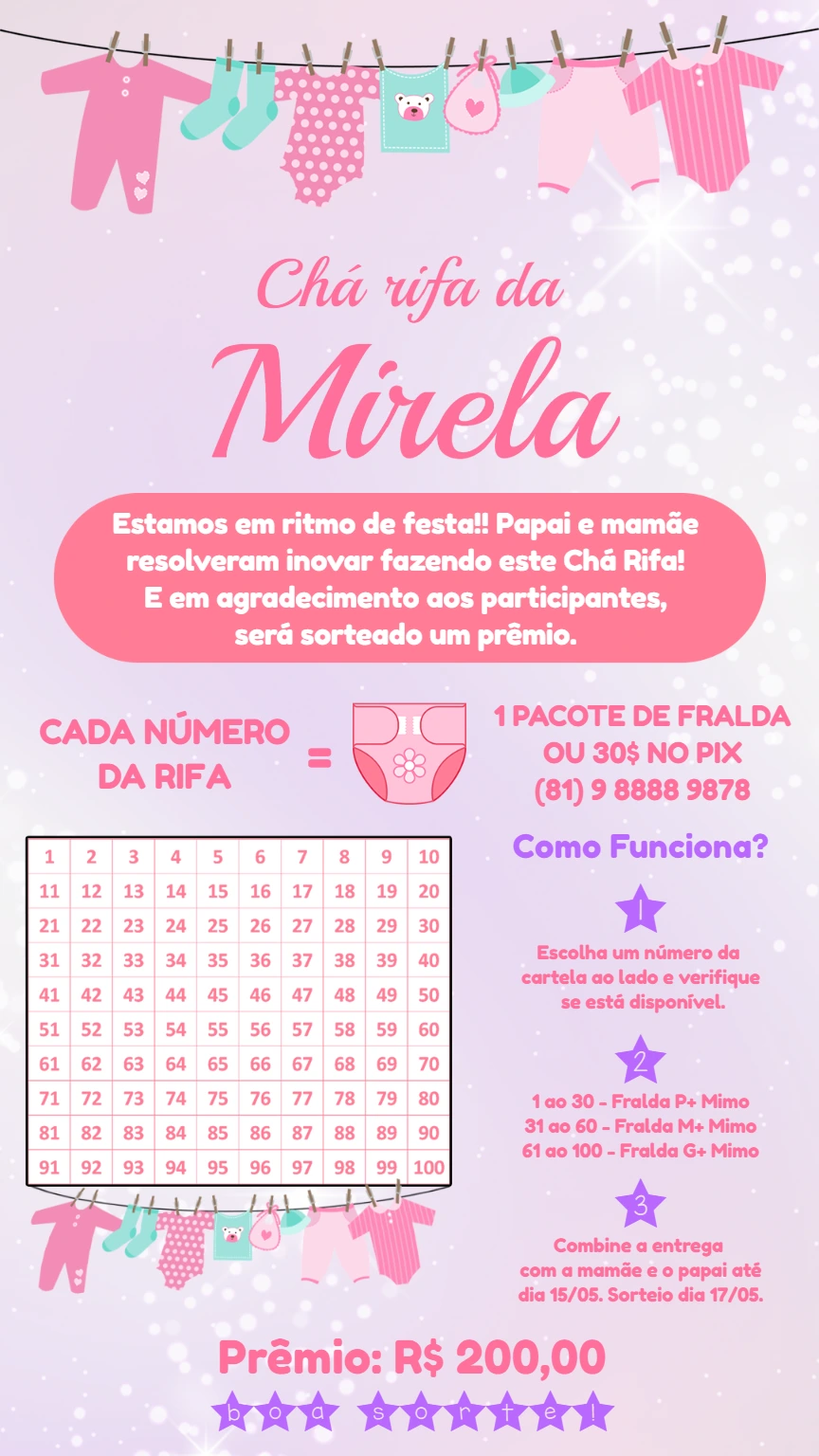 Convite Chá Rifa Varalzinho Rosa para Editar Online