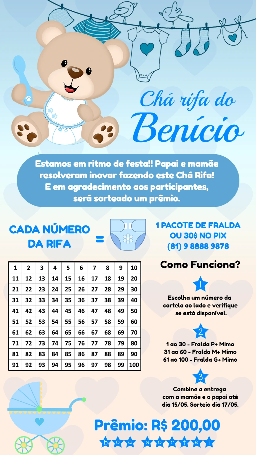 Chá Rifa de Bebê Ursinho Azul para Editar Online