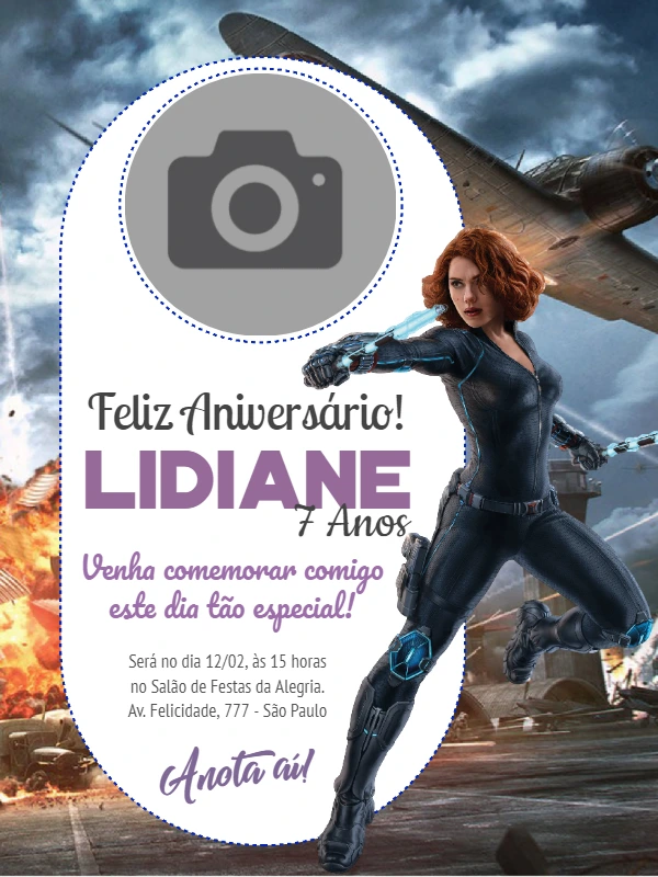 Convite Aniversário Viúva Negra com Foto para Editar Online