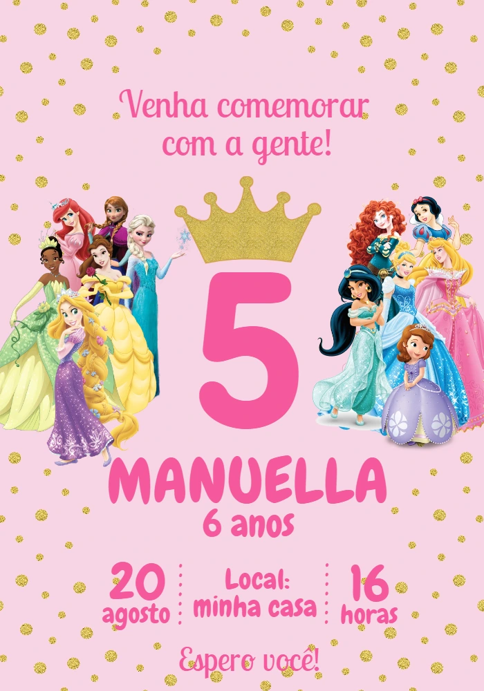Convite de Aniversário Princesas Disney Editável Online