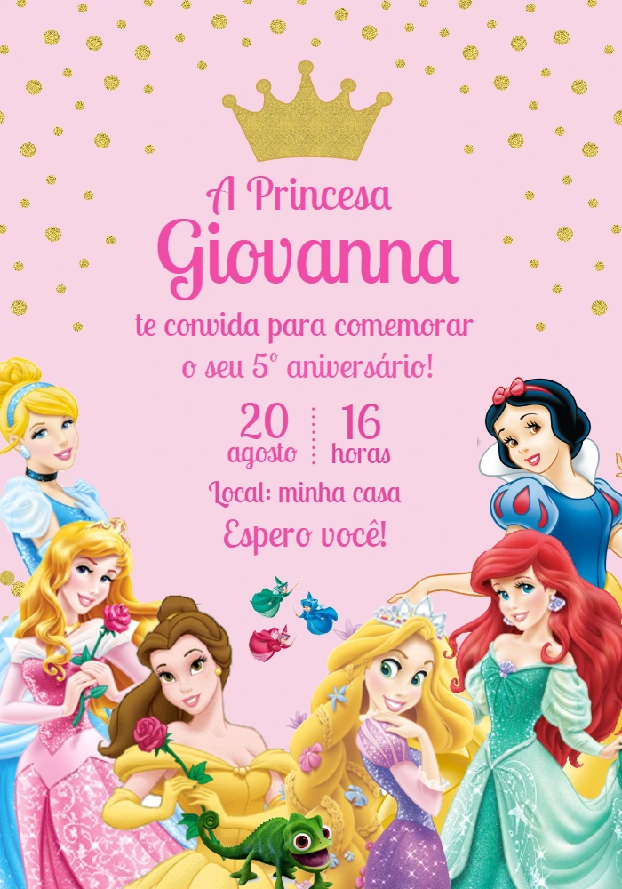 Convite Aniversário Princesas da Disney para Editar Online