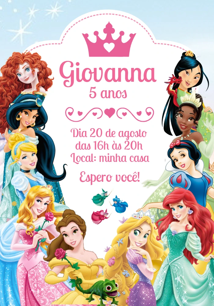 Convite Aniversário Princesas da Disney para Editar Online