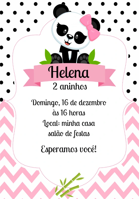 Convite de Aniversário Panda Menina para Editar Online