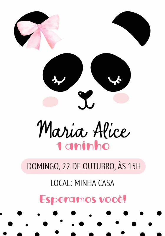 Convite de Aniversário Pandinha Rosa Editável para Imprimir