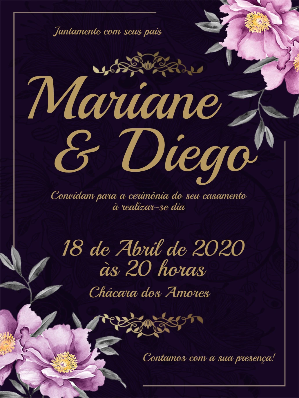 Convite de Casamento Floral Roxo e Dourado para Editar Online