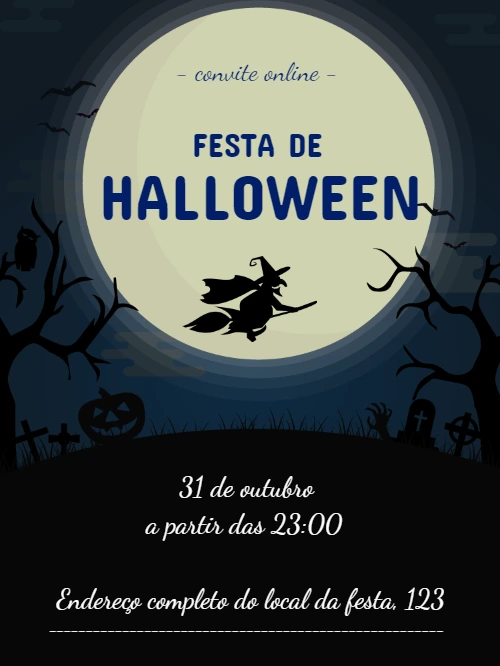 Convite de Halloween com Bruxa e Lua Cheia para Editar Online