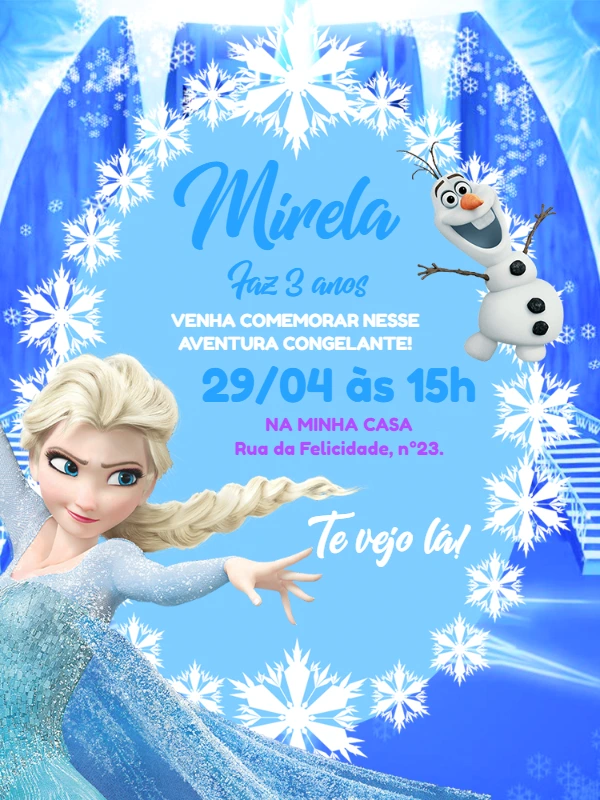 Convite Aniversário Frozen com Elsa e Olaf para Editar Online