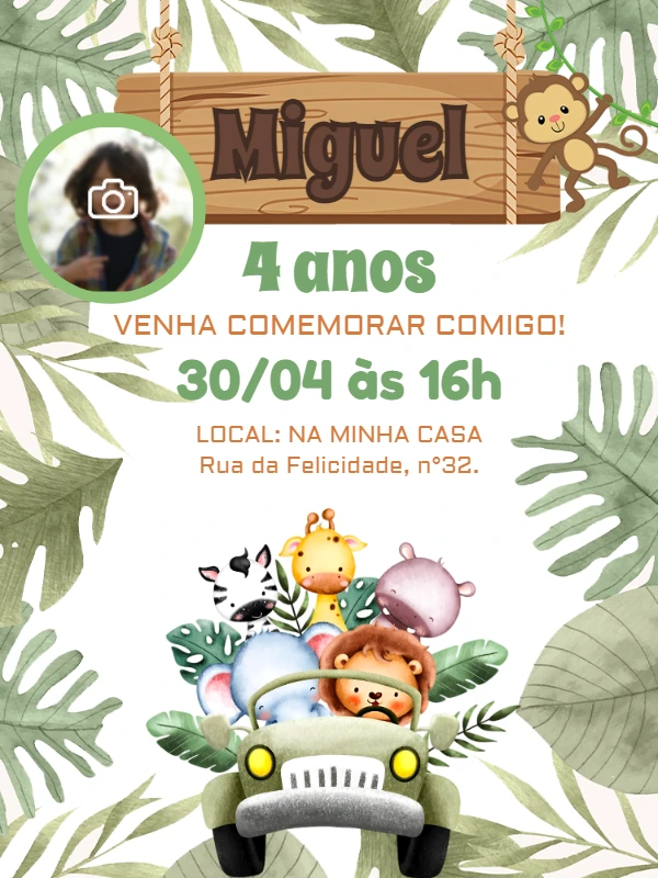 Convite Aniversário Safari Baby com Foto para Editar Online