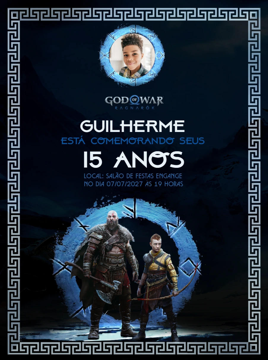 Convite Aniversário God of War Ragnarok com Foto para Editar