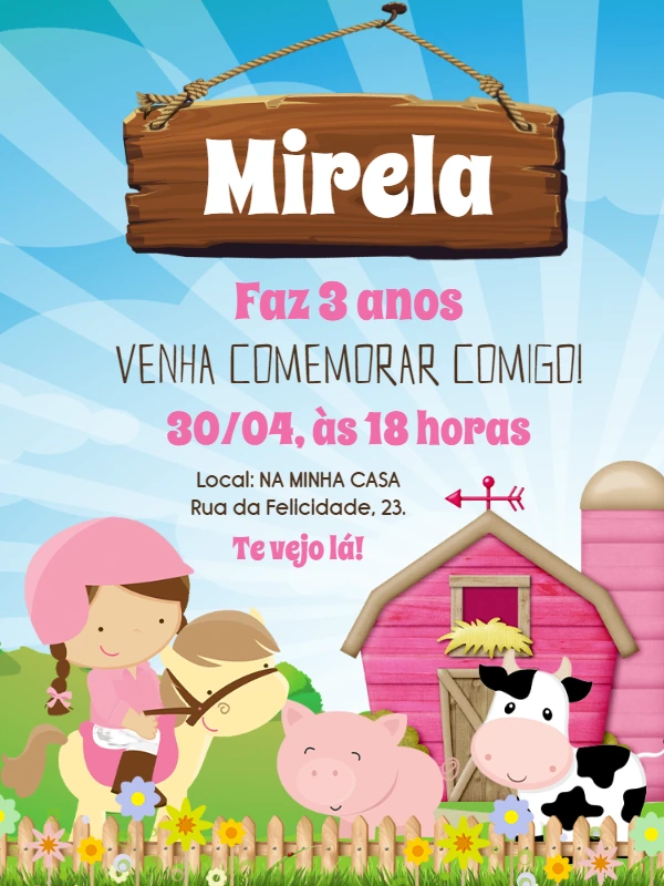 Convite Fazendinha Menina Editável para Festa de Aniversário