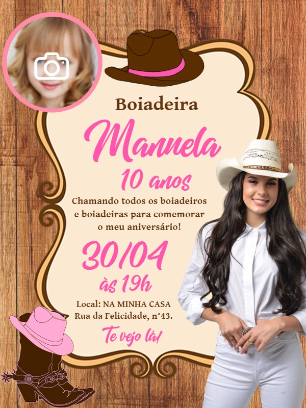Convite Aniversário Boiadeira com Foto para Editar Online