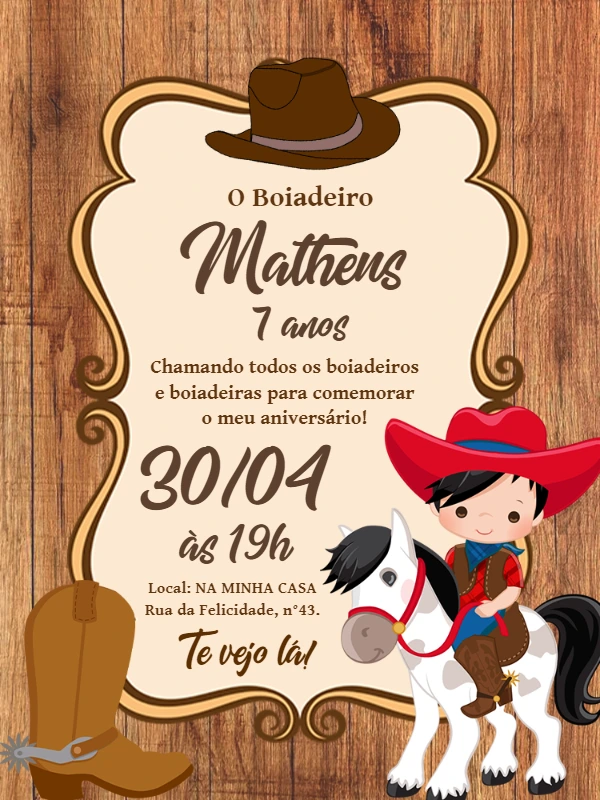 Convite Aniversário Boiadeiro Infantil para Editar Online