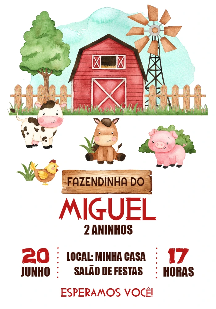 Convite de Aniversário Fazendinha Aquarela para Editar