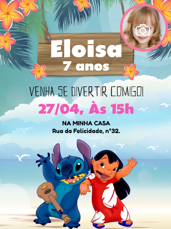 Convite Aniversário Lilo e Stitch com Foto para Editar Online