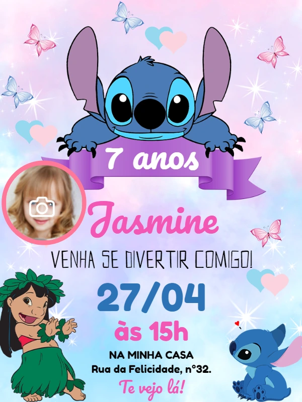 Convite Aniversário Lilo e Stitch com Foto para Editar Online