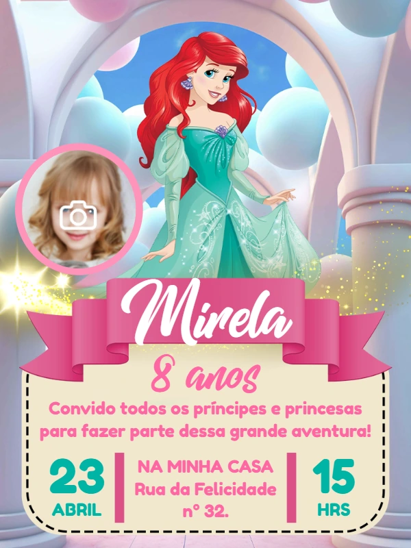 Convite de Aniversário Princesa Ariel com Foto para Editar