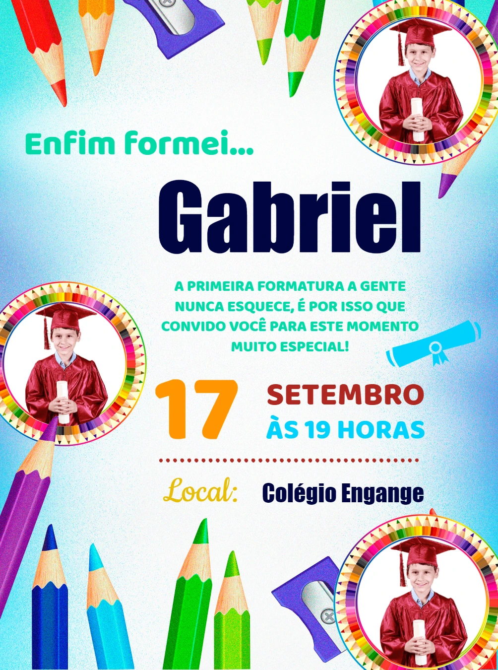 Convite Formatura Pré Escola com Foto para Editar Online