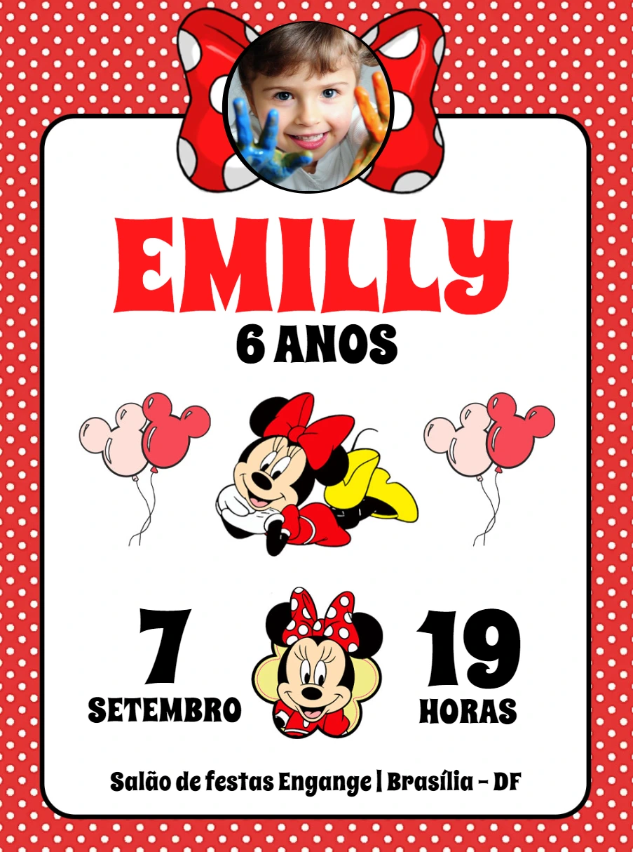 Convite Aniversário Minnie Mouse com Foto para Editar Online