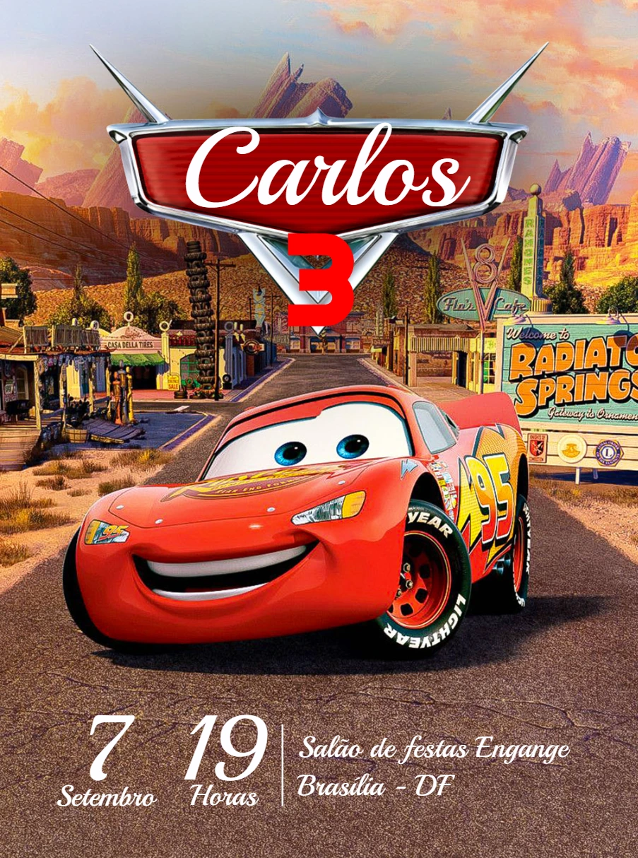 Convite Aniversário Carros com Relâmpago McQueen para Editar