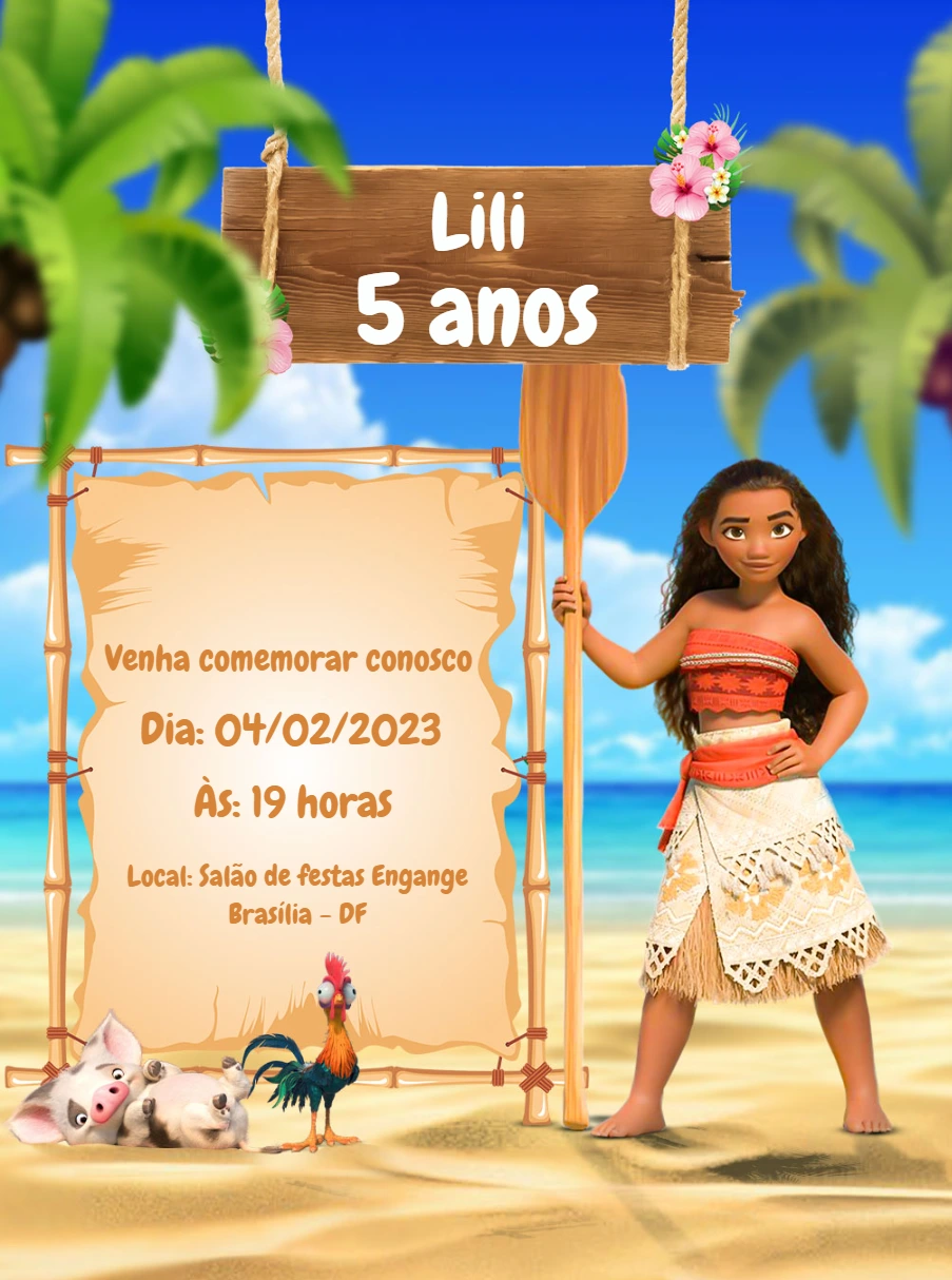 Convite de Aniversário Moana para Editar e Personalizar Online