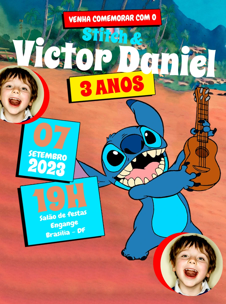 Convite Aniversário Stitch com Foto para Editar Online
