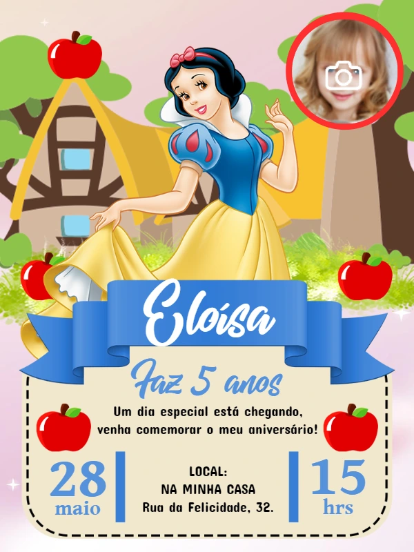 Convite Aniversário Branca de Neve com Foto para Editar Online